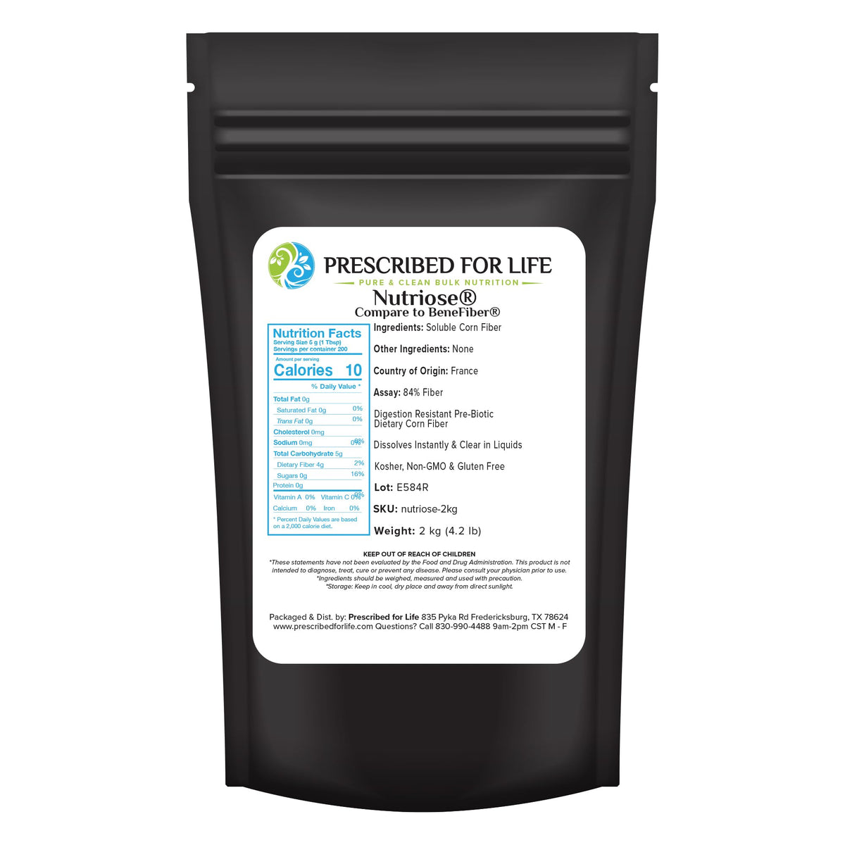 Prescribed For Life Nutriose powder pouch front for convenient daily fiber support