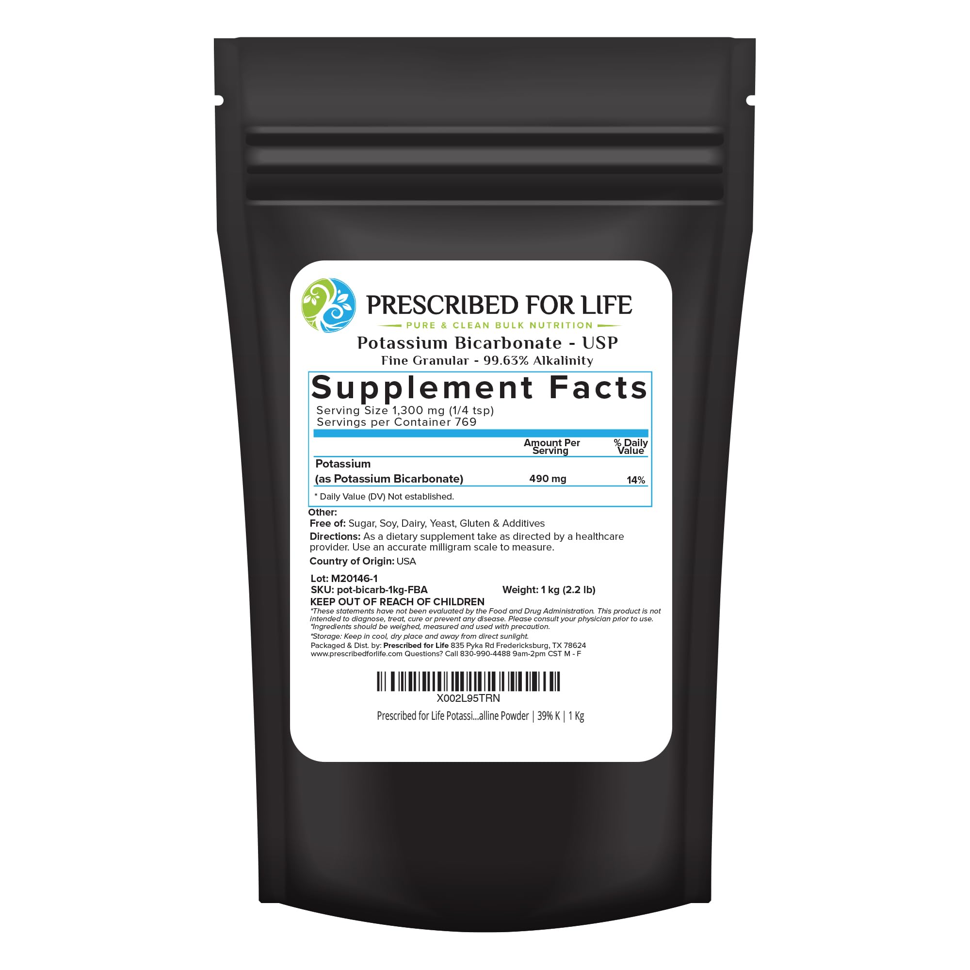 Prescribed For Life potassium bicarbonate packaging shows USP-grade purity for home use