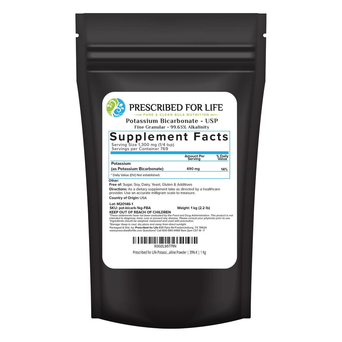 Prescribed For Life potassium bicarbonate packaging shows USP-grade purity for home use