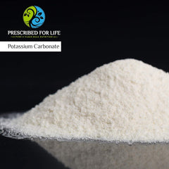 Prescribed For Life potassium carbonate powder closeup shows a pure, crystal-white texture.