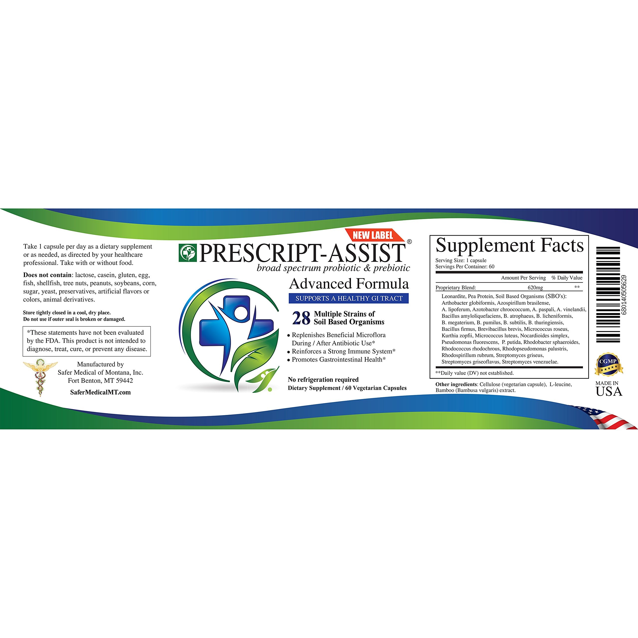 Prescript-Assist 60 capsules packaging highlights vegan, plant-based composition for gut and immune wellness.