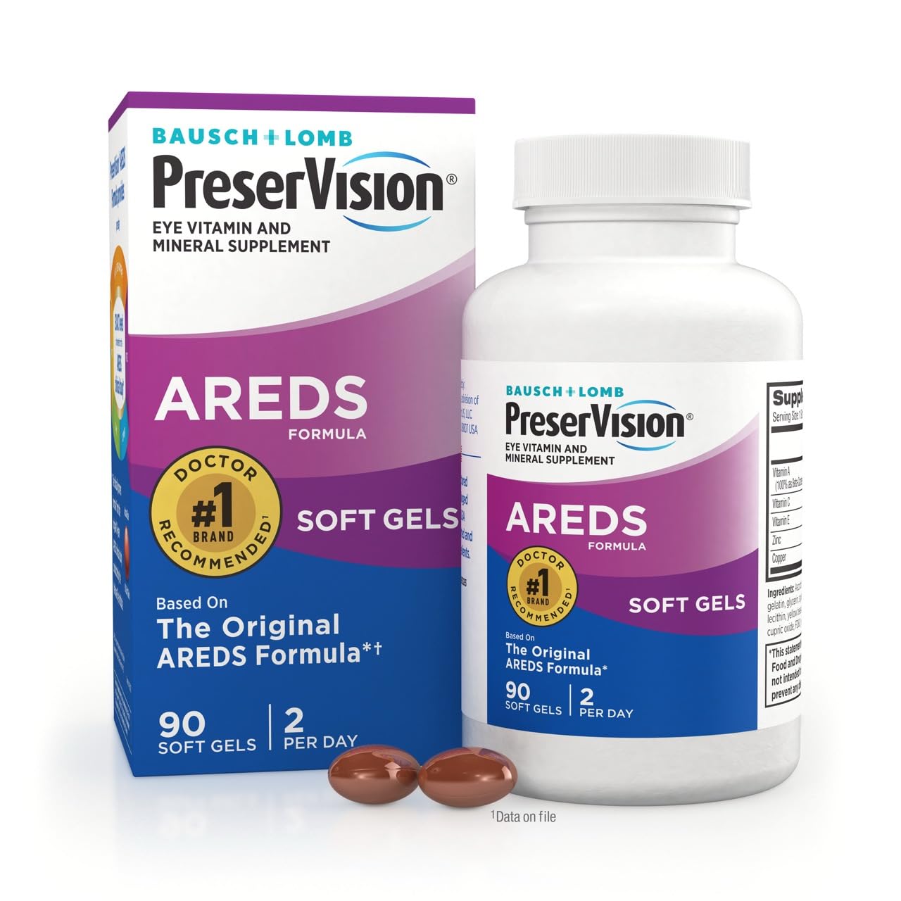 PreserVision AREDS softgels bottle front showing high-potency eye vitamins.