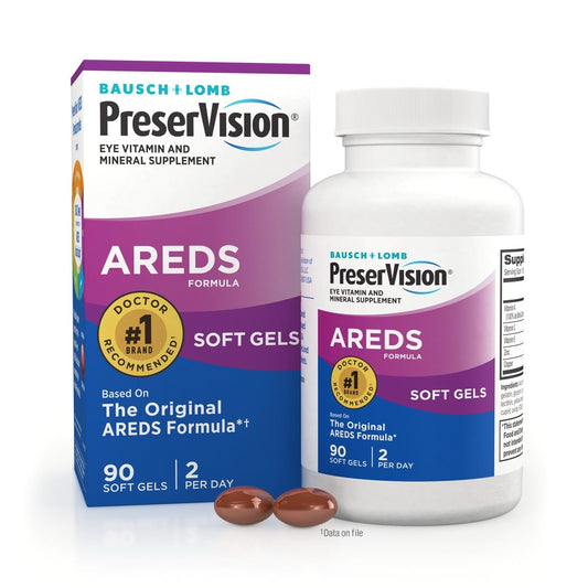 PreserVision AREDS softgels bottle front showing high-potency eye vitamins.