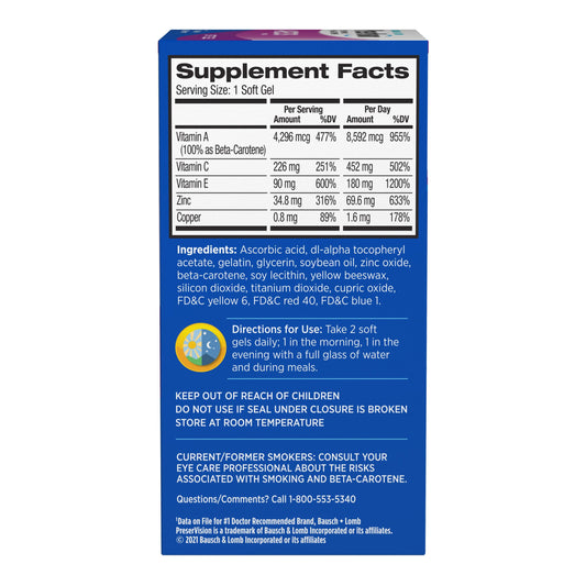 PreserVision AREDS soft gels bottle back view showing ingredients and label
