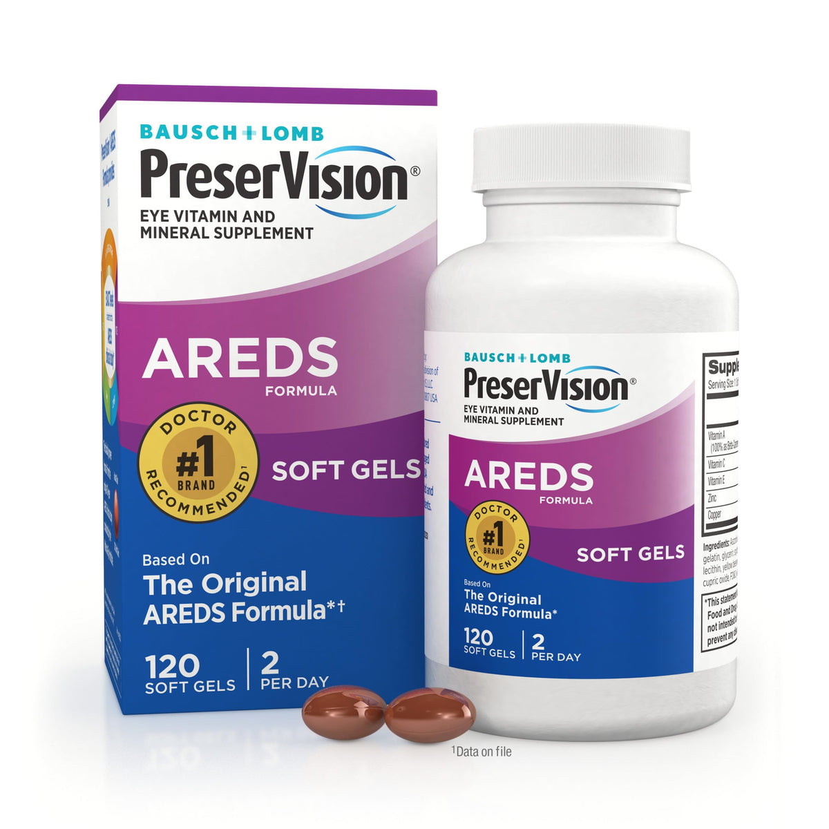PreserVision AREDS soft gels bottle front view highlighting daily eye health nutrients