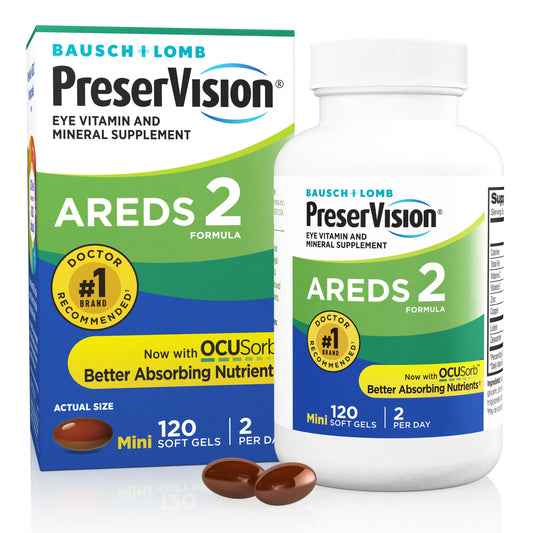PreserVision AREDS 2 bottle pour showing easy daily dosing for eye support.