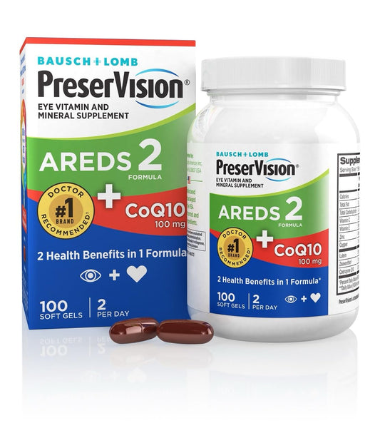 PreserVision AREDS2 eye vitamin bottle with CoQ10 supports eye and heart wellness.