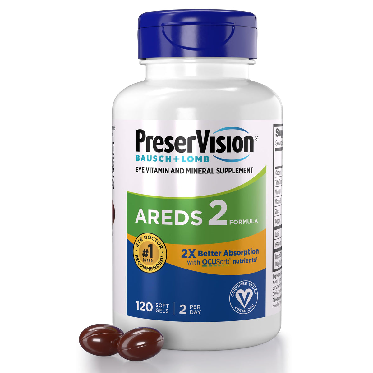 PreserVision AREDS2 vegan soft gels bottle on table for eye health support