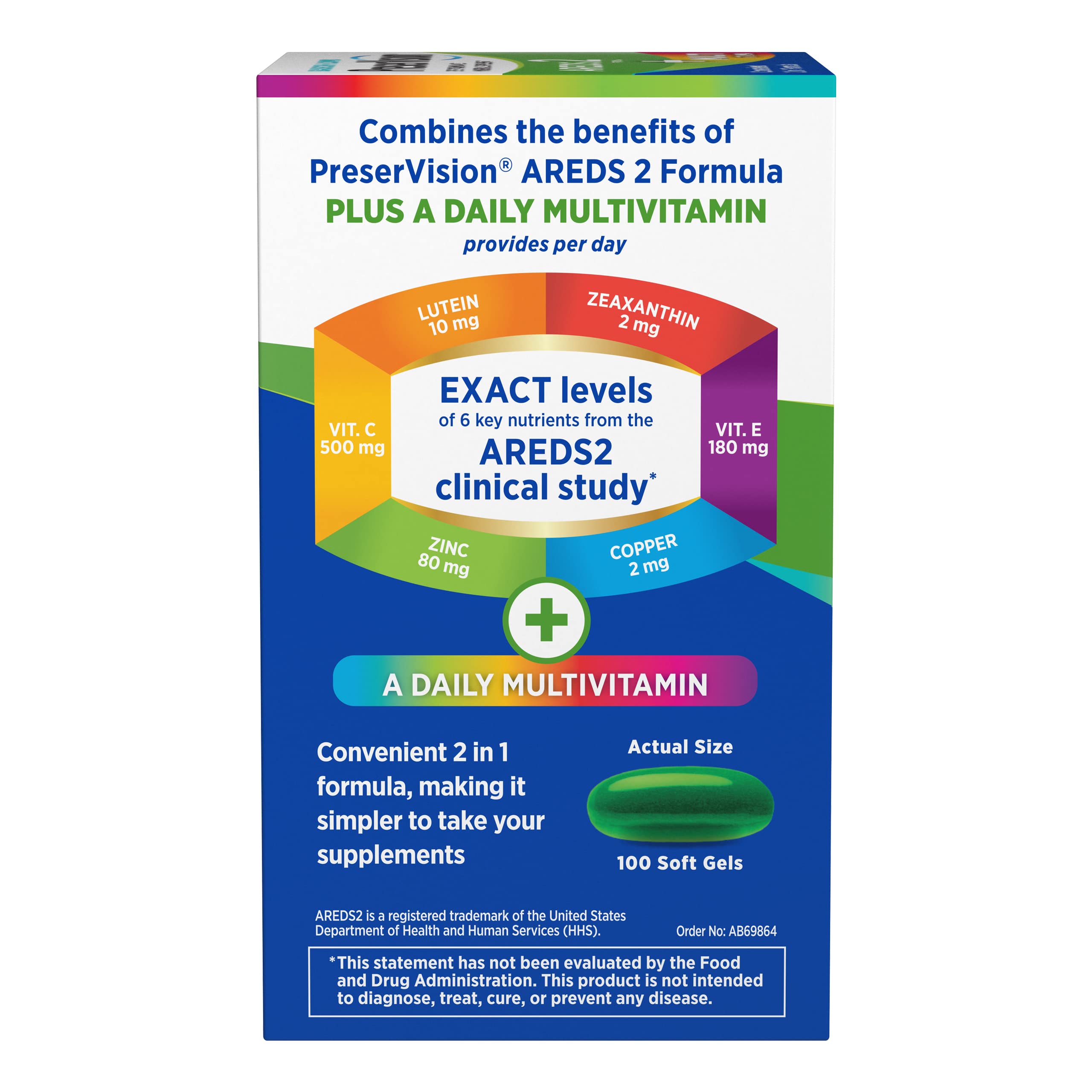 PreserVision label detail highlights AREDS2 formula and beta carotene-free ingredients