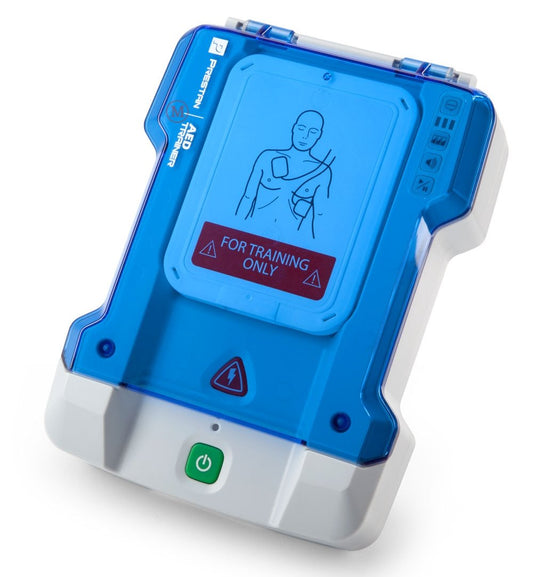 Prestan PP-AEDT-101 AED trainer front view with bilingual prompts and pad placement for realistic CPR practice