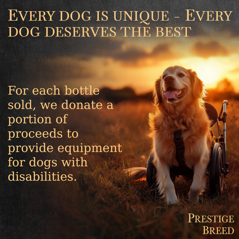 Prestige Breed multivitamins label communicates digestive health benefits via postbiotic and probiotic blends.