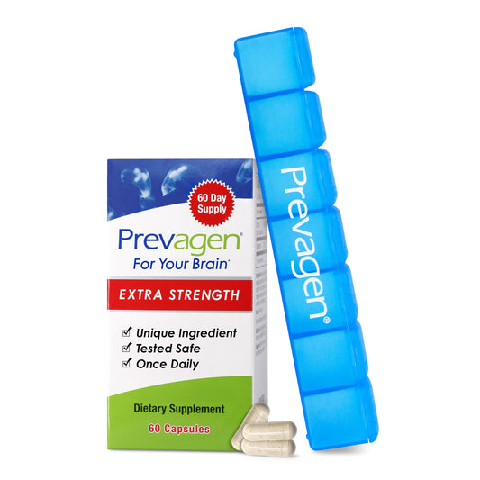 Prevagen Extra Strength bottle with capsules for daily brain support.