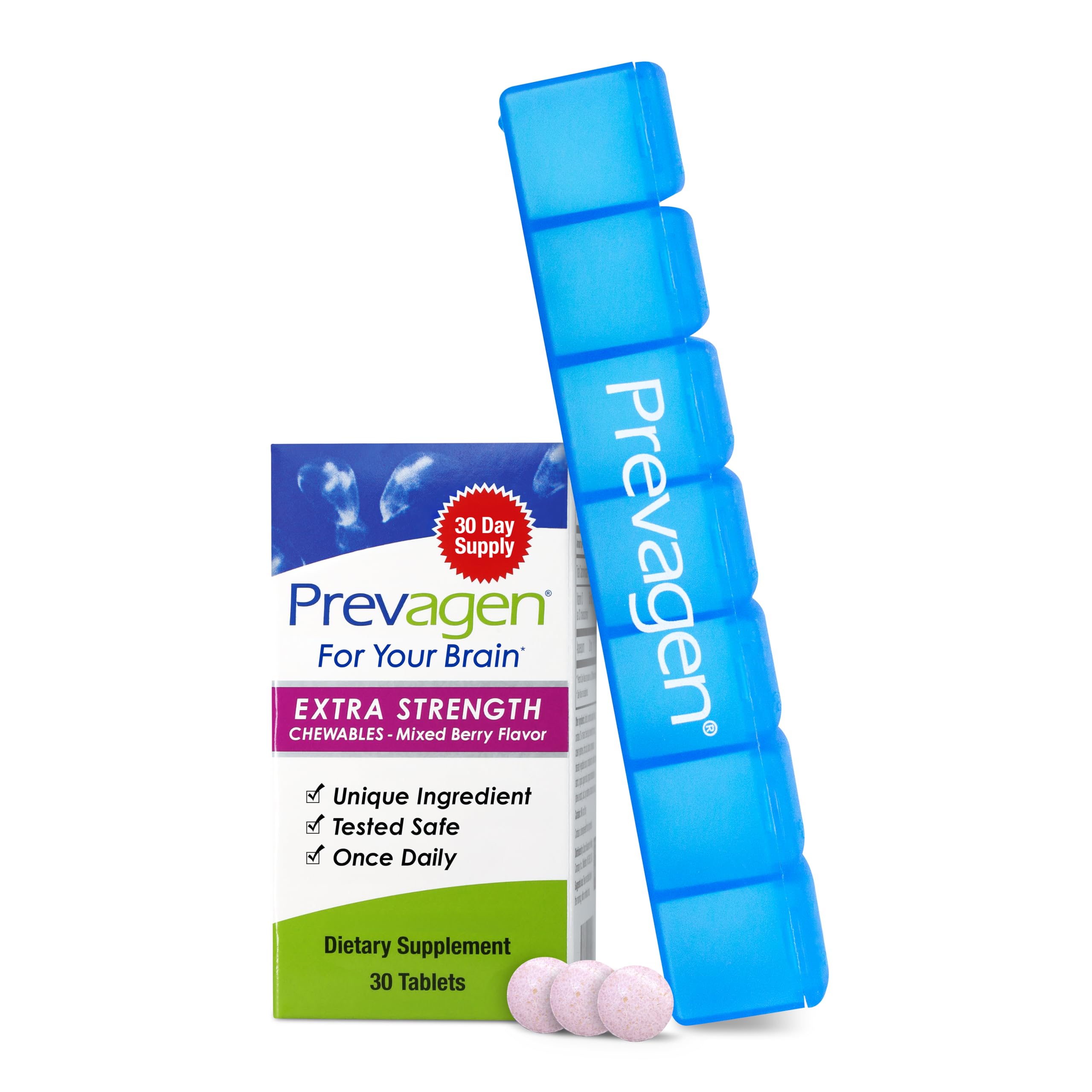 Prevagen Extra Strength mixed berry chewables bottle, convenient daily supplement for routine use