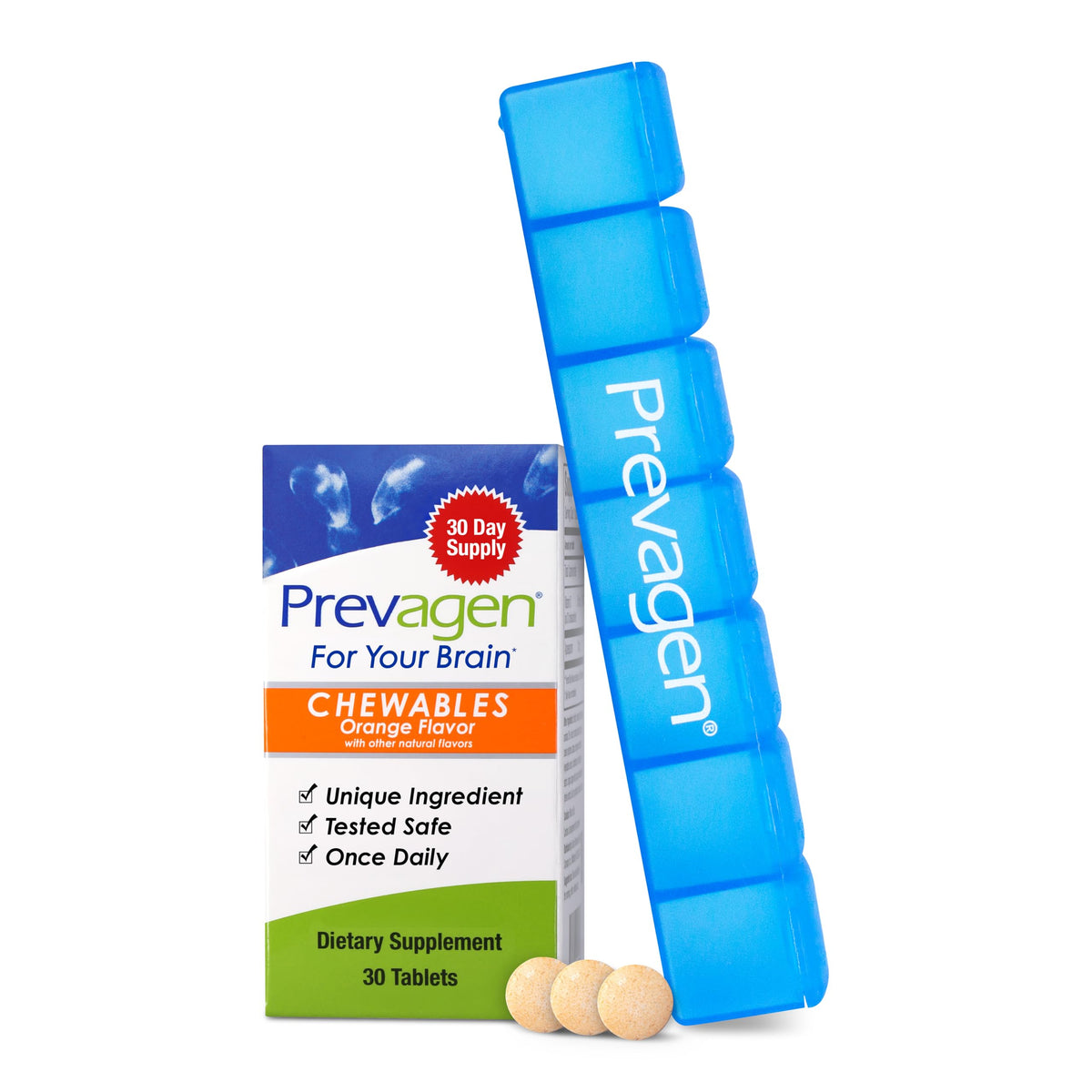 Prevagen Regular Strength orange chewable tablet with Apoaequorin 10 mg and vitamin D3 for daily use.