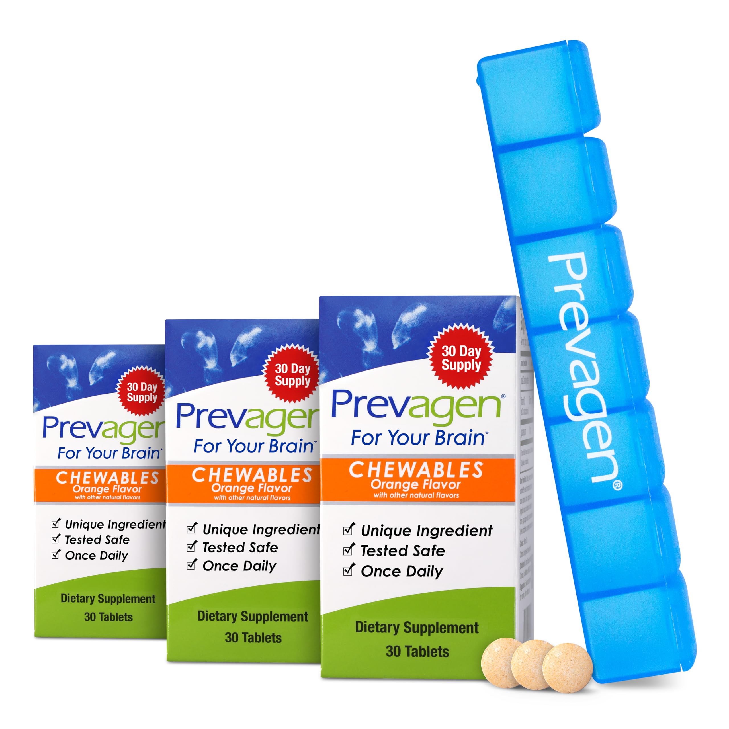 Prevagen Regular Strength orange chewables bottle for daily use with Apoaequorin 10 mg and Vitamin D3