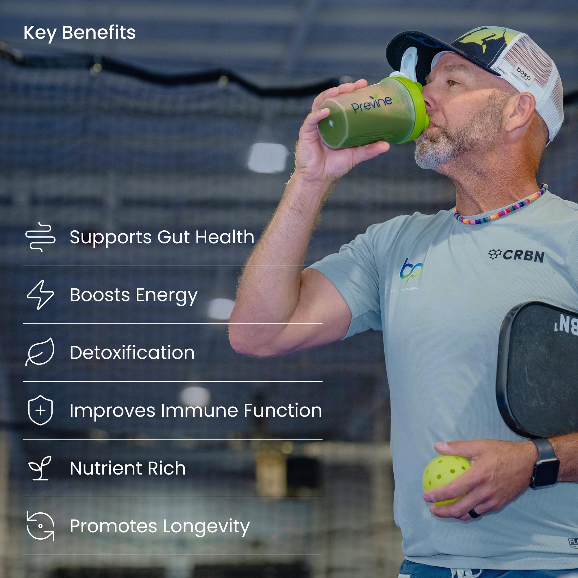 Previnex Gut & Green Superfoods ingredient panel shows clinically studied components.