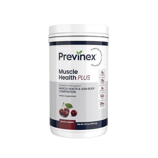 Previnex Muscle Health Plus bottle front in cherry flavor showing strength and recovery potential