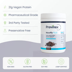Previnex Nourify Plus nutrition facts panel highlighting complete vegan protein and low sugar.