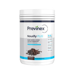 Previnex Nourify Plus tub front showing vegan protein blend for clean nutrition.