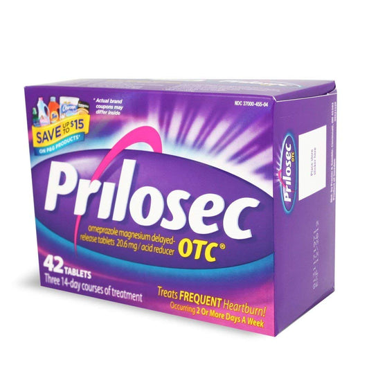 Prilosec OTC bottle with pills for daily heartburn protection