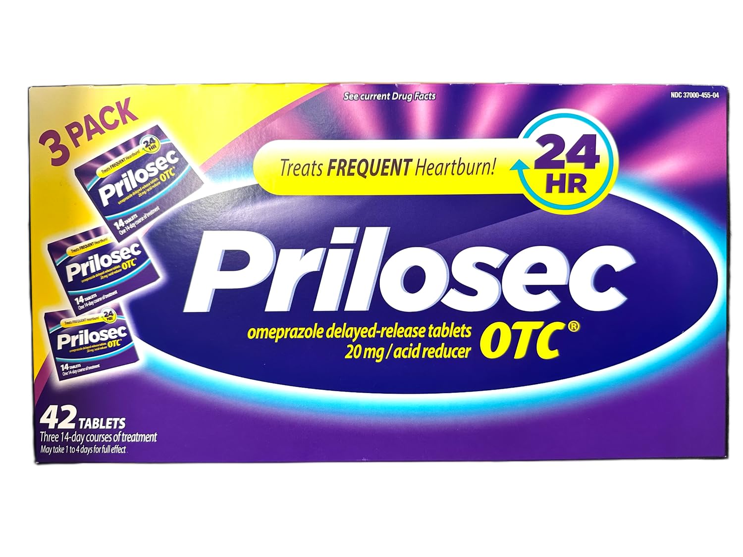 Prilosec OTC 3-pack packaging showing 42 tablets for frequent heartburn relief