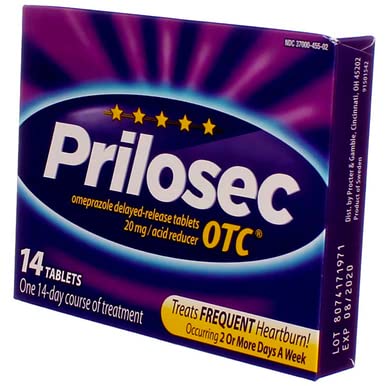 Prilosec OTC box beside a glass of water for easy dosing