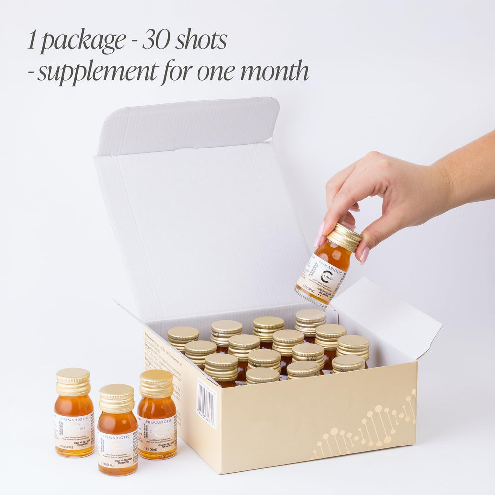 PRIMABIOTIC Liquid Collagen shot-form container, quick daily intake for busy lifestyles.