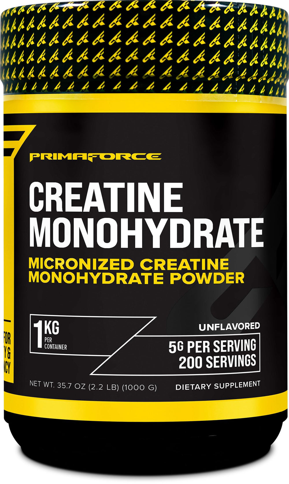 Primaforce Creatine Monohydrate powder bottle showing a 1 kg supply for consistent workouts