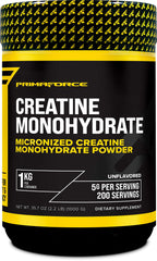 Primaforce Creatine Monohydrate powder bottle showing a 1 kg supply for consistent workouts