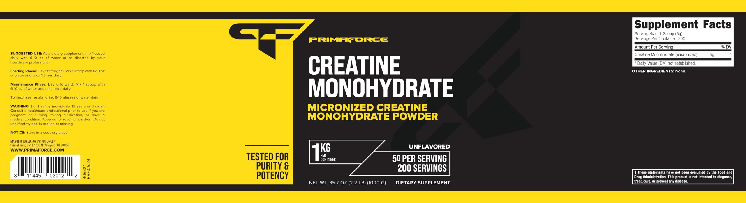 Primaforce Creatine Monohydrate powder nutrition label with clear ingredients and non GMO info