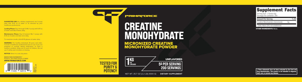 Primaforce Creatine Monohydrate powder nutrition label with clear ingredients and non GMO info