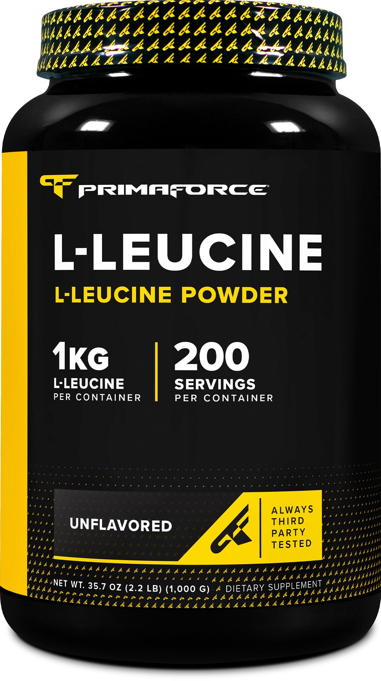 Primaforce L-Leucine powder 1kg container with label, highlighting high-quality amino acid for workouts.