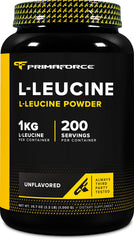 Primaforce L-Leucine powder 1kg container with label, highlighting high-quality amino acid for workouts.