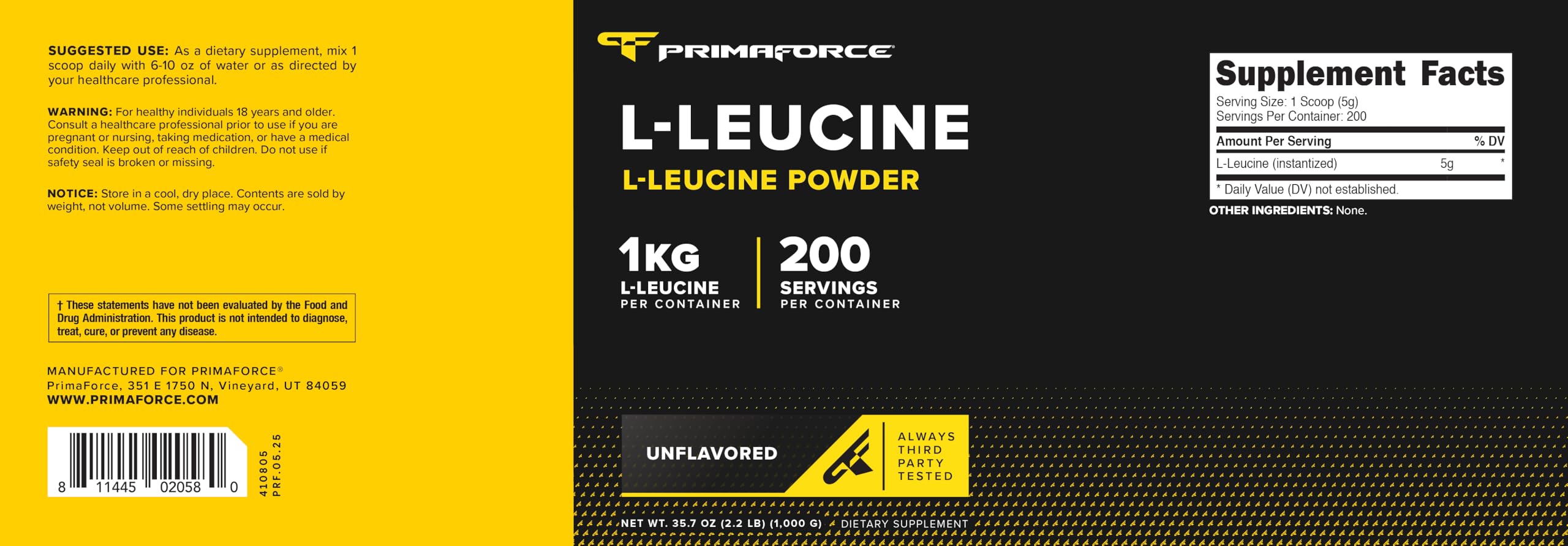 Primaforce L-Leucine powder bottle on shelf in a GMP-certified facility, underscoring quality control.