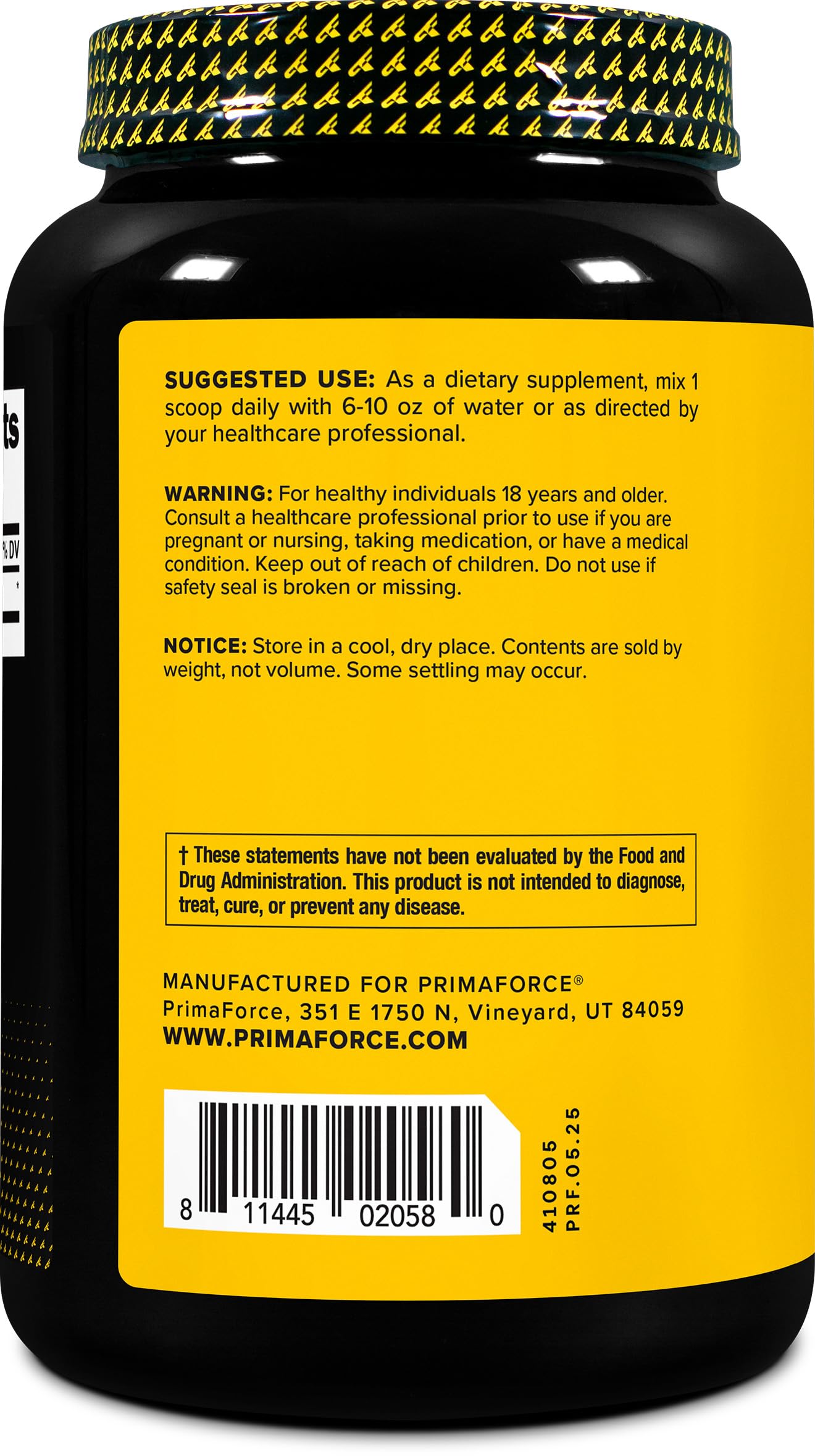 Primaforce L-Leucine powder package close-up showing non-GMO and gluten-free labels.