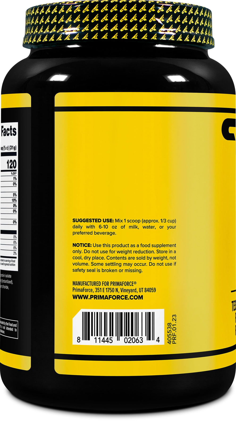 Primaforce Whey Protein Isolate Vanilla 2lb nutrition label highlights non-GMO and gluten-free.