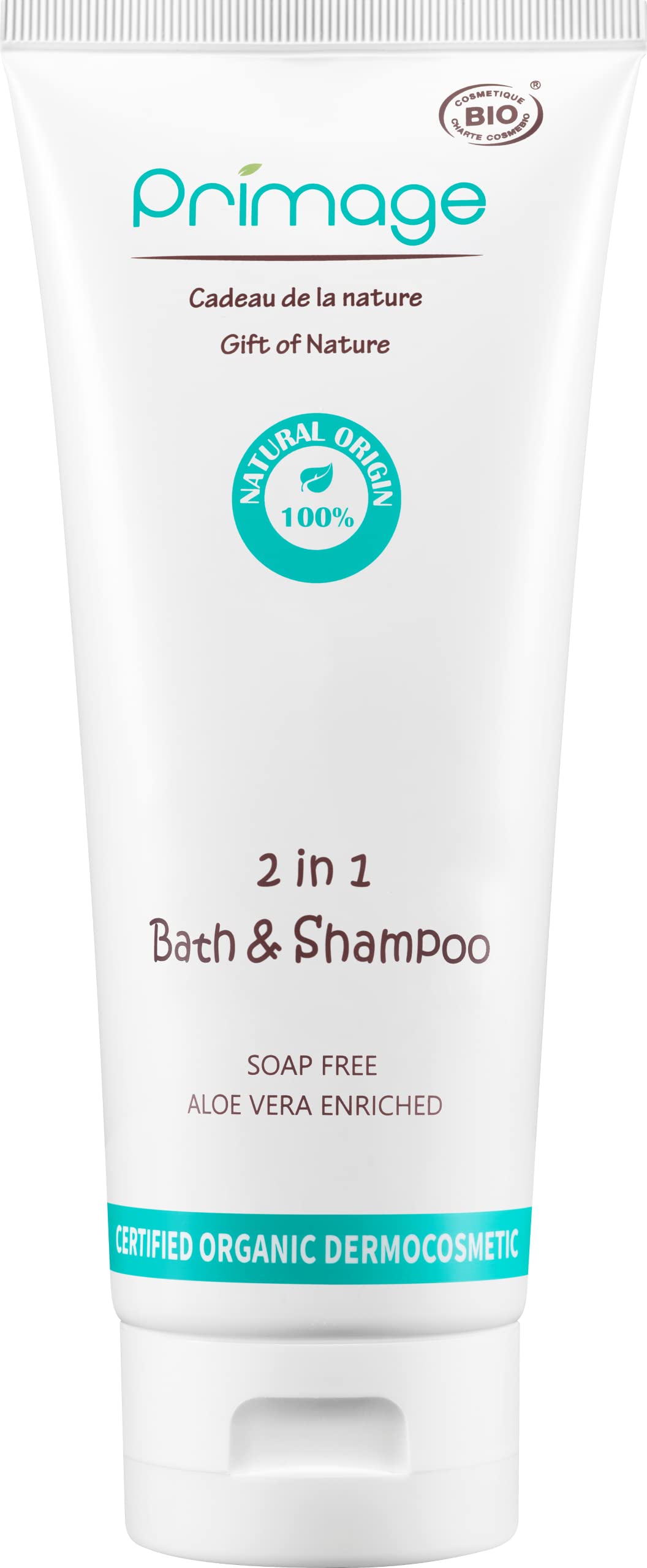 PRIMAGE 2-in-1 Bath and Shampoo bottle for gentle baby skin and hair cleansing.