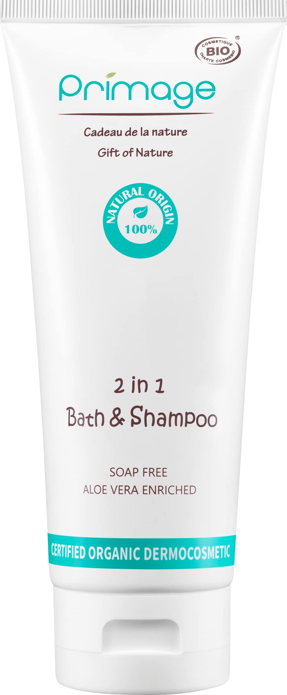 PRIMAGE 2-in-1 Bath and Shampoo bottle for gentle baby skin and hair cleansing.