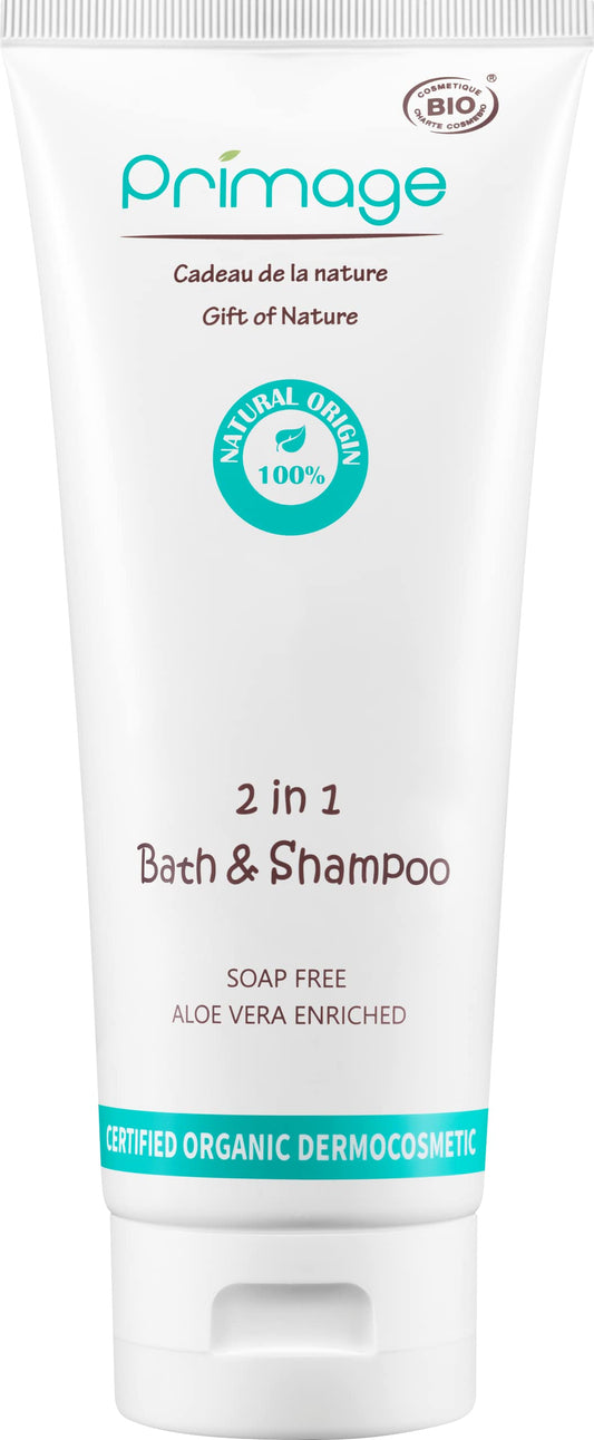 PRIMAGE 2-in-1 Bath and Shampoo bottle for gentle baby skin and hair cleansing.