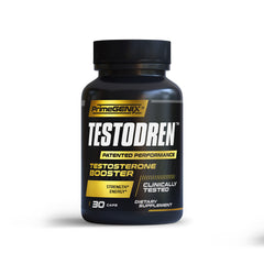 PrimeGENIX Testodren bottle being poured, suggesting workout energy support