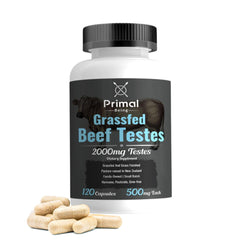 Primal Being bottle of grassfed beef testes capsules for easy daily supplementation.