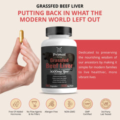 Primal Being freeze-dried liver nutrients closeup showing vitamins and minerals.