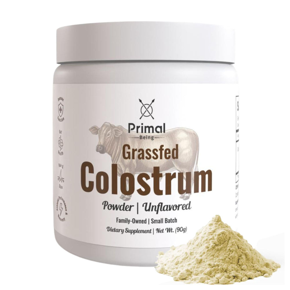 Primal Being grassfed colostrum powder bottle highlighting immune support.