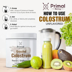 Primal Being colostrum powder being poured into glass for mixing.
