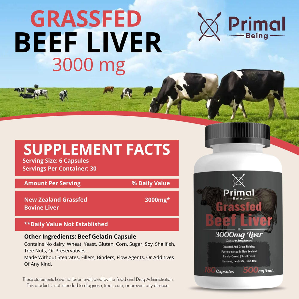 Primal Being liver capsules closeup highlighting the nutrient-rich freeze-dried formula.