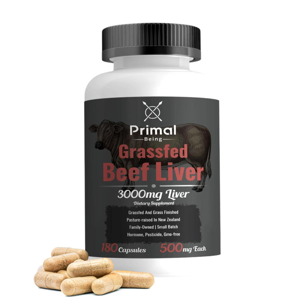 Primal Being grassfed liver capsules front view for daily energy support.
