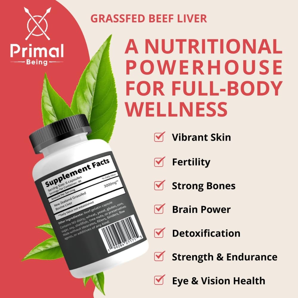 Primal Being liver capsules bottle on white for convenient daily supplementation.