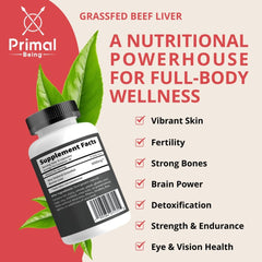 Primal Being liver capsules bottle on white for convenient daily supplementation.