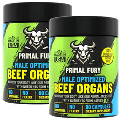 PRIMAL FURY bottle of grass-fed beef organ capsules for daily vitality and routine use.