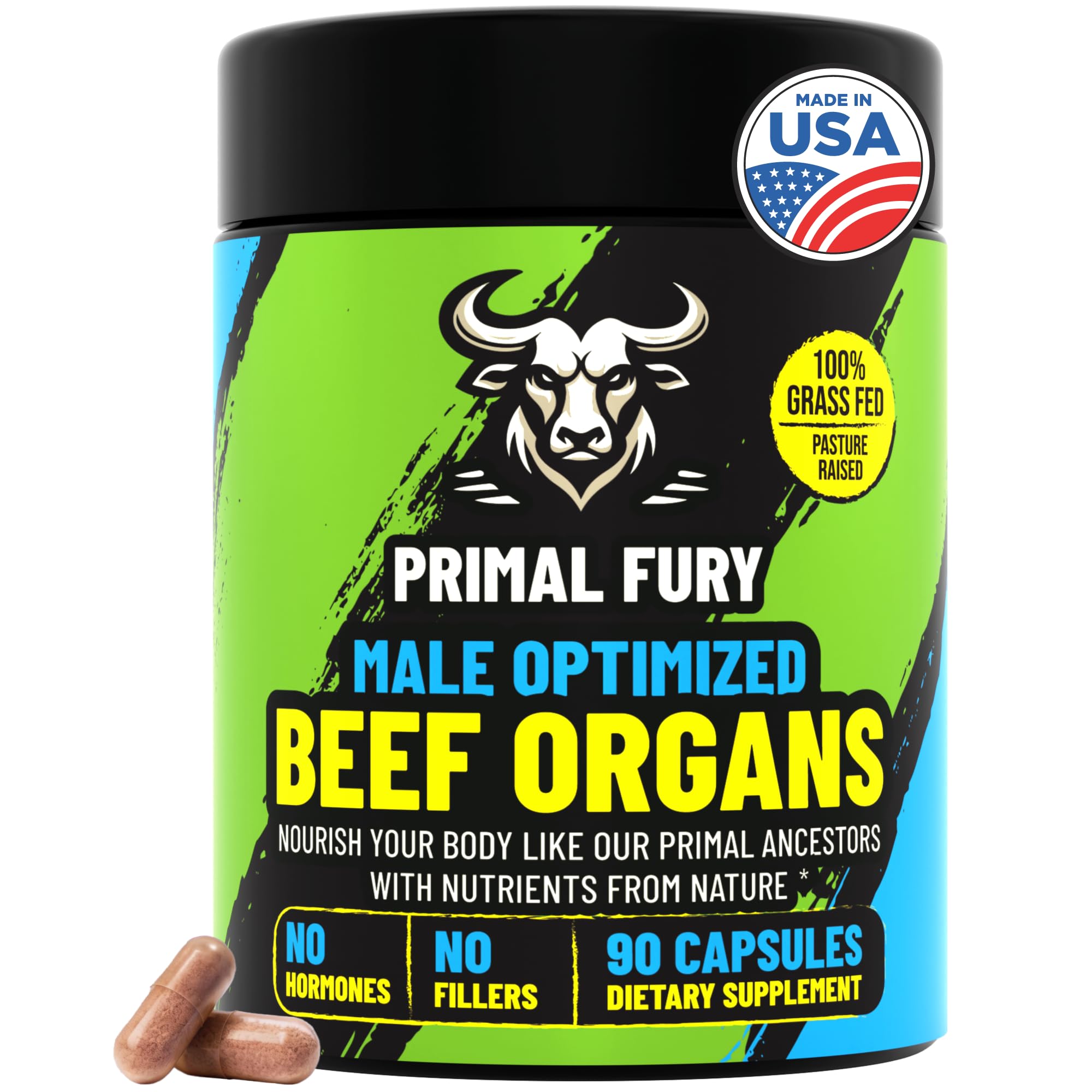 PRIMAL FURY grass-fed beef organ supplement bottle highlighting pasture origin for masculine vitality